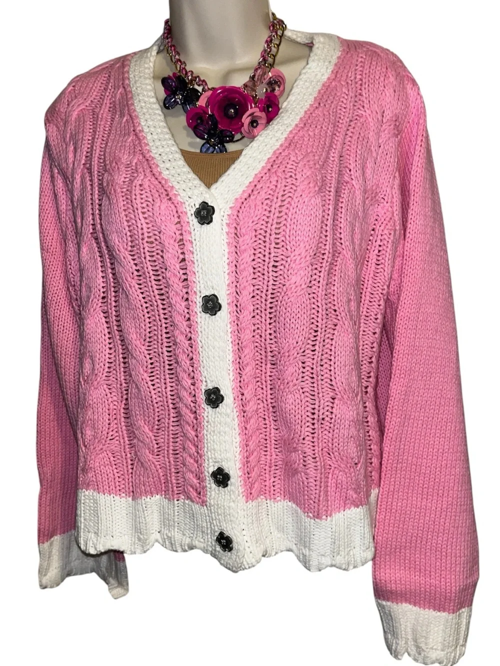 POL Large Barbie Pink Cable Knit V-Neck Cardigan Sweater